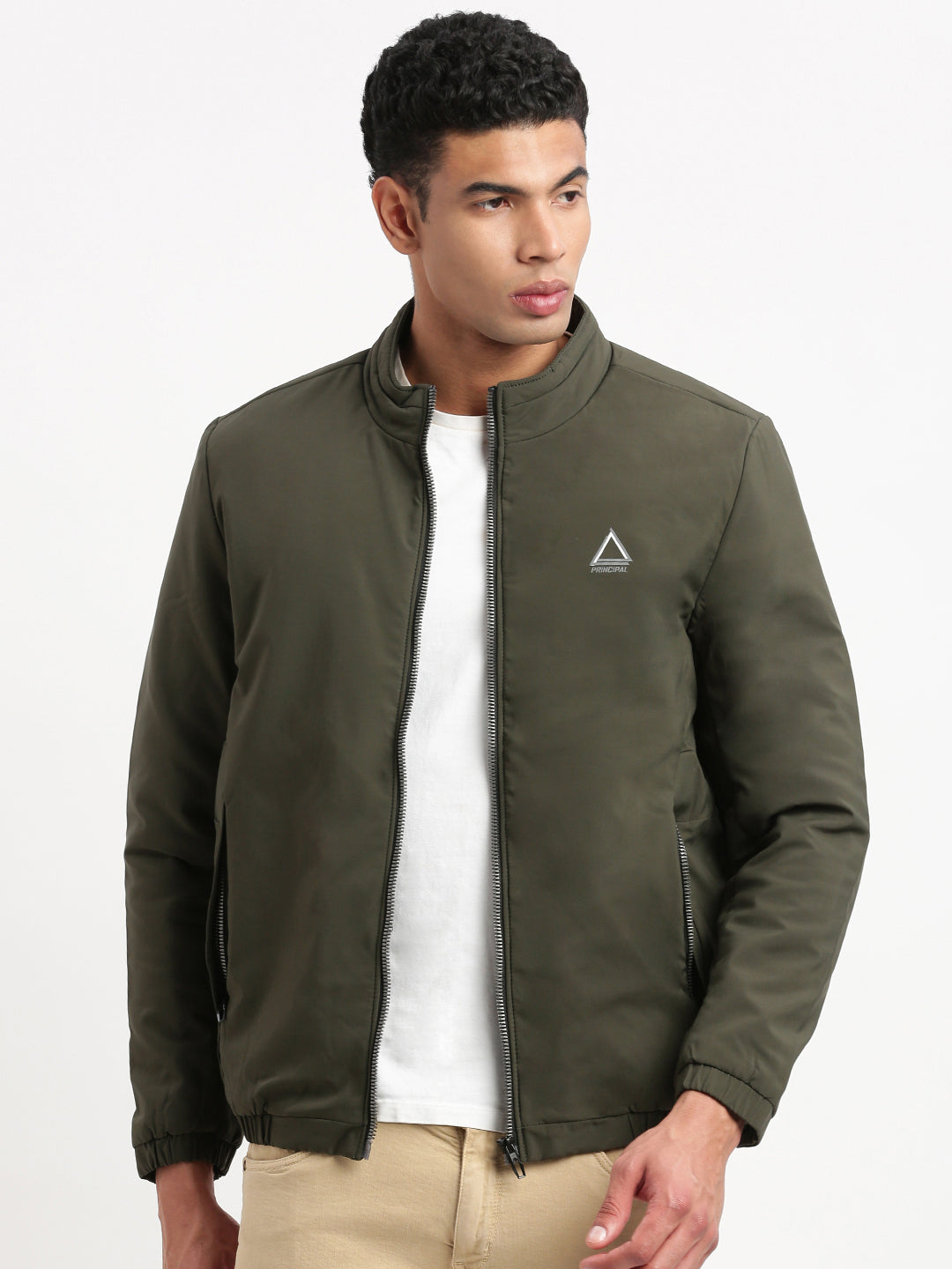 Men's Mock Collar Solid Olive Casual Bomber Jacket