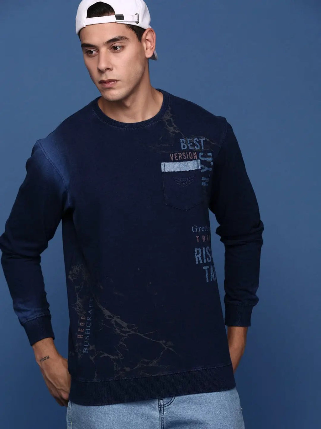 Men's Round Neck Printed Navy Blue Pullover