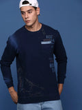 Men's Round Neck Printed Navy Blue Pullover