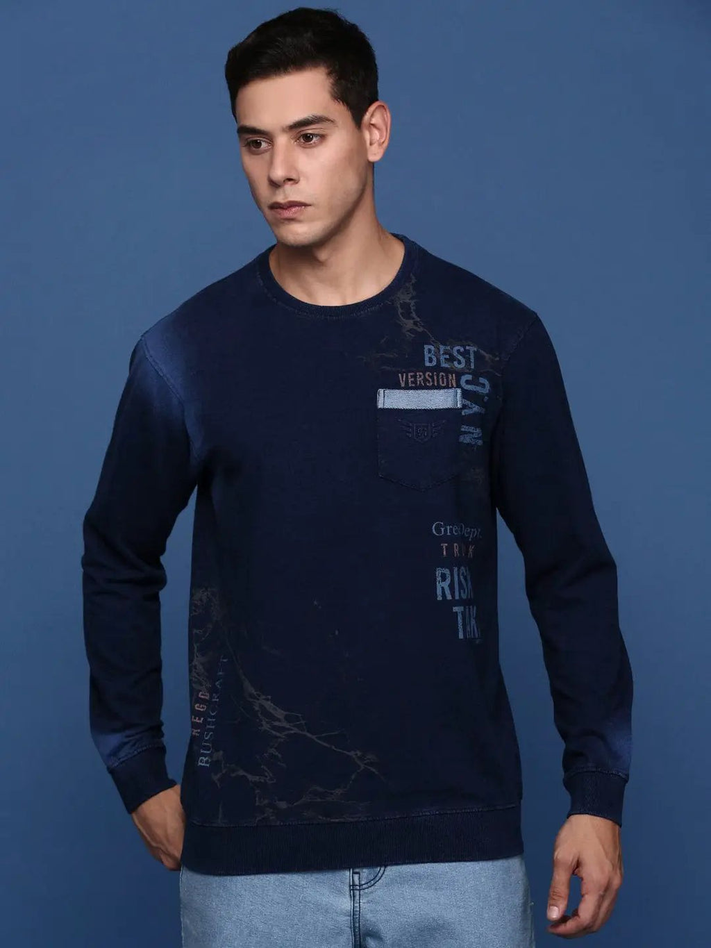 Men's Round Neck Printed Navy Blue Pullover