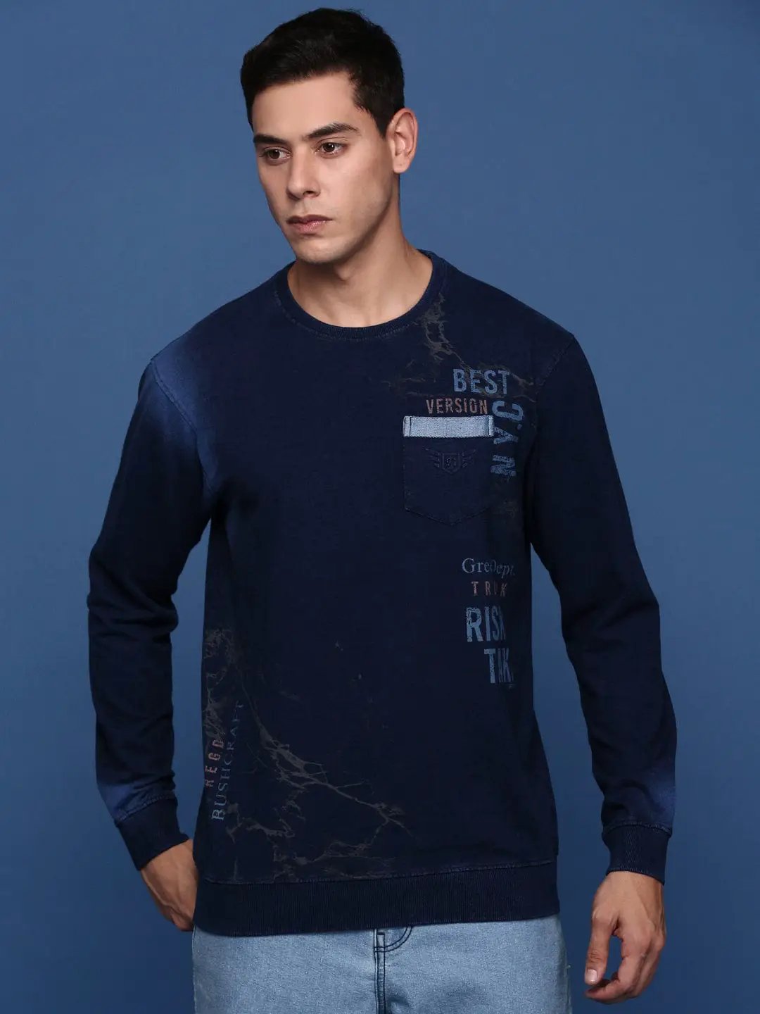 Men's Round Neck Printed Navy Blue Pullover