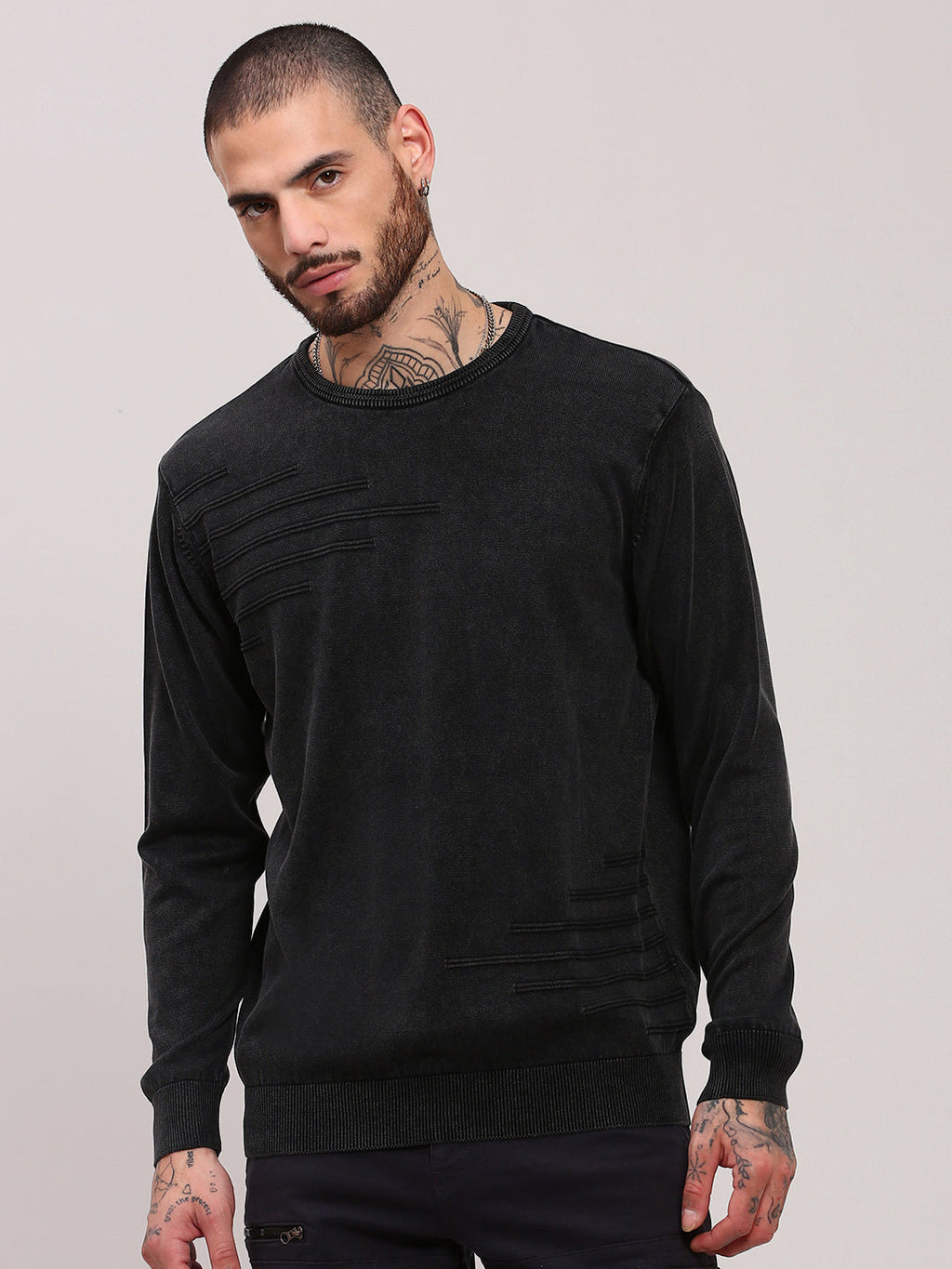 Men's Grey Solid Round Neck Pullover