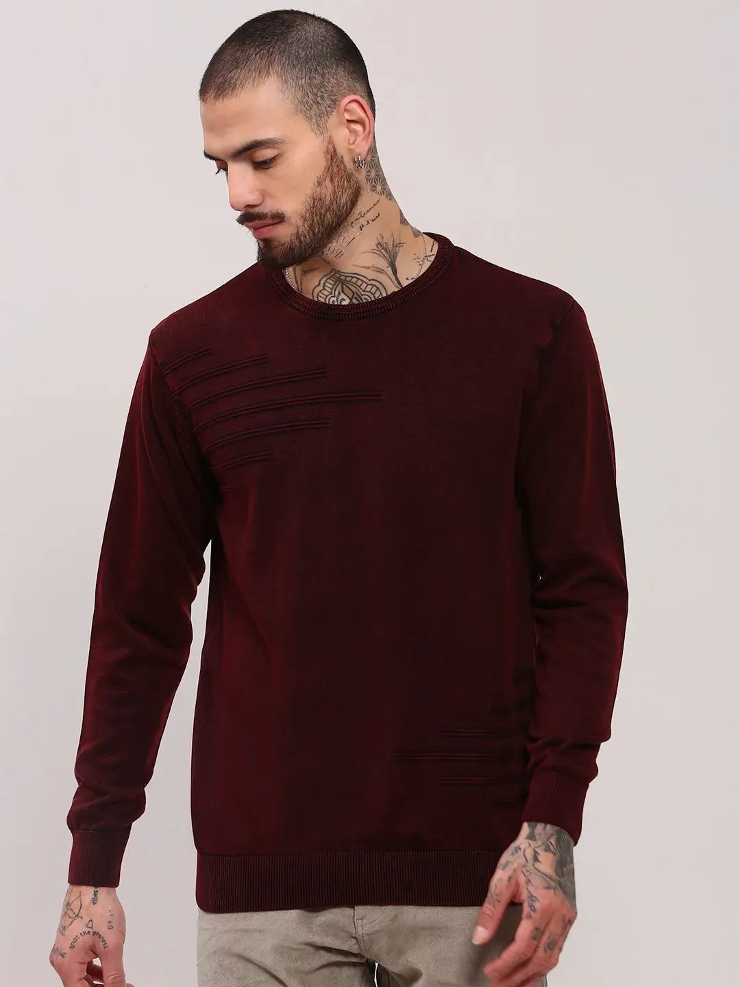 Men's Maroon Solid Casual Sweater