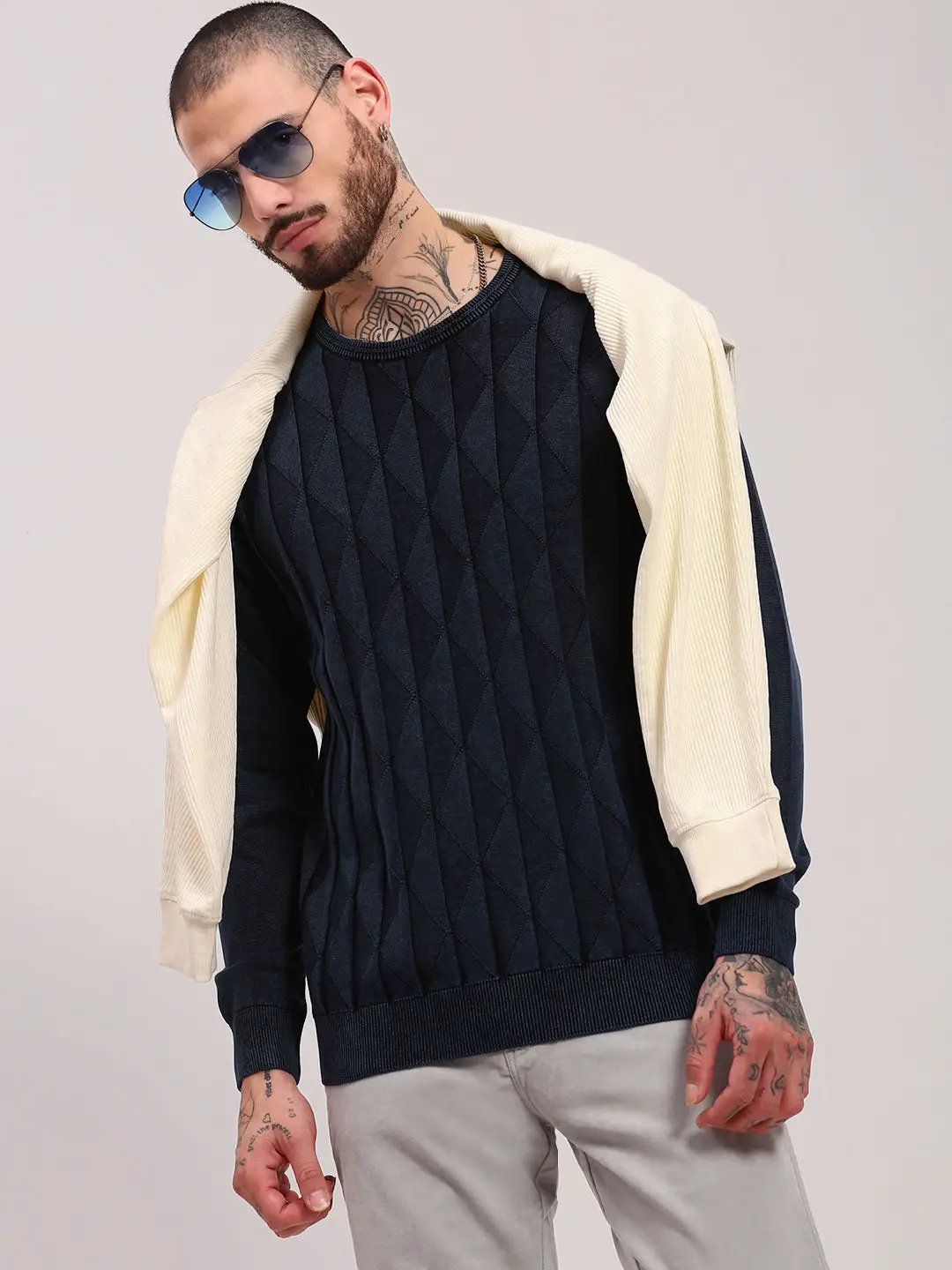 Men's Navy Blue Geometric Sweater