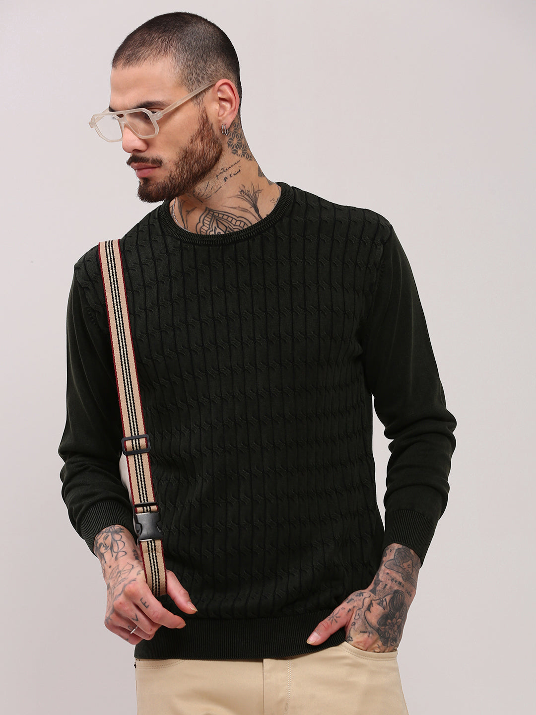 Men's Olive Solid Casual Sweater