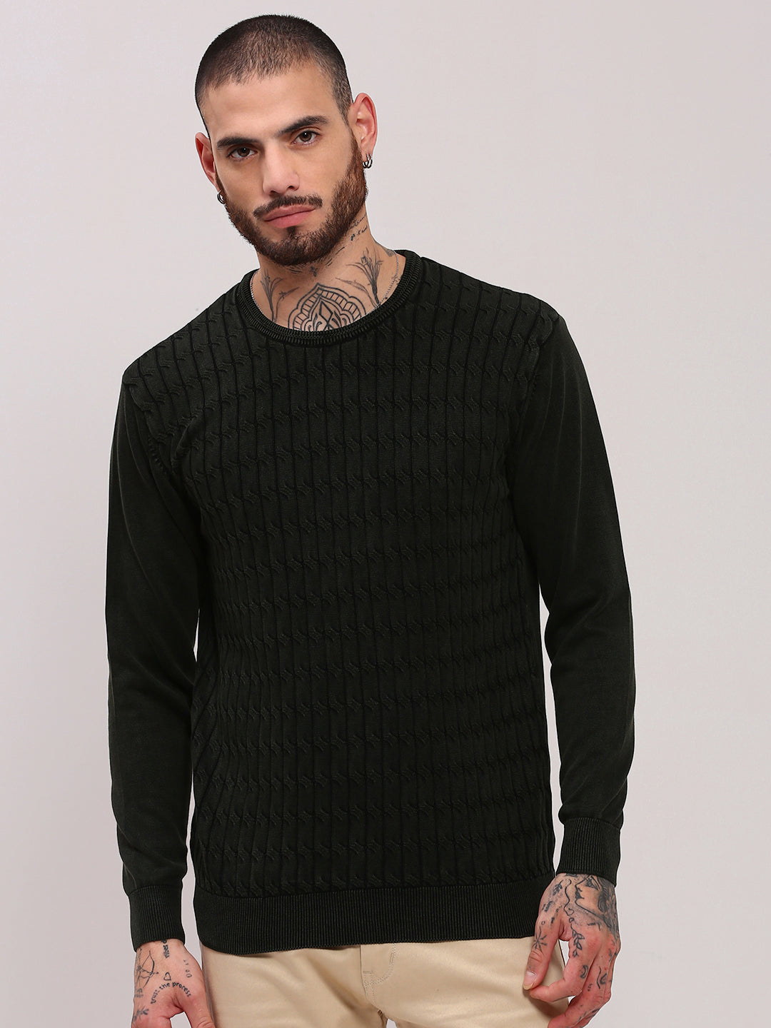 Men's Olive Solid Casual Sweater