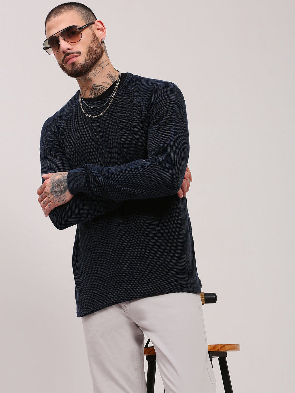 Men's Navy Blue Self Design Pullover Sweater