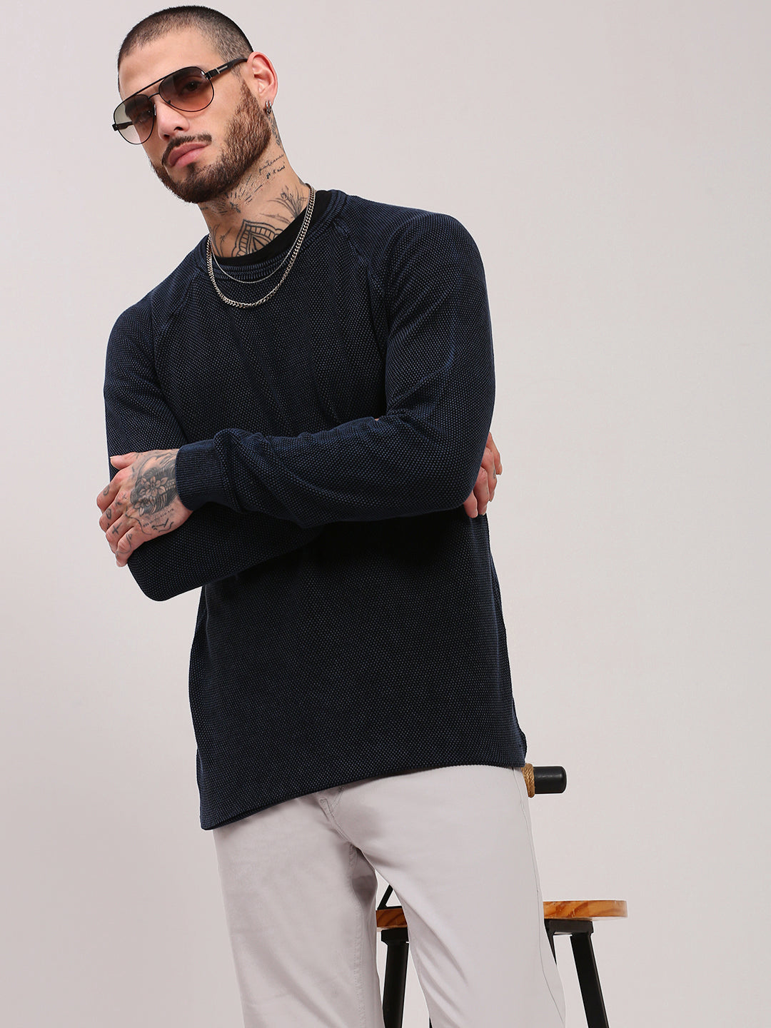 Men's Navy Blue Self Design Pullover Sweater