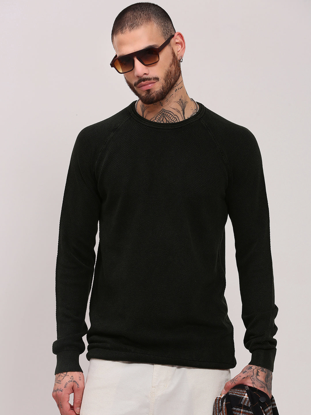 Men's Olive Round Neck Long Sleeves Casual Pullover