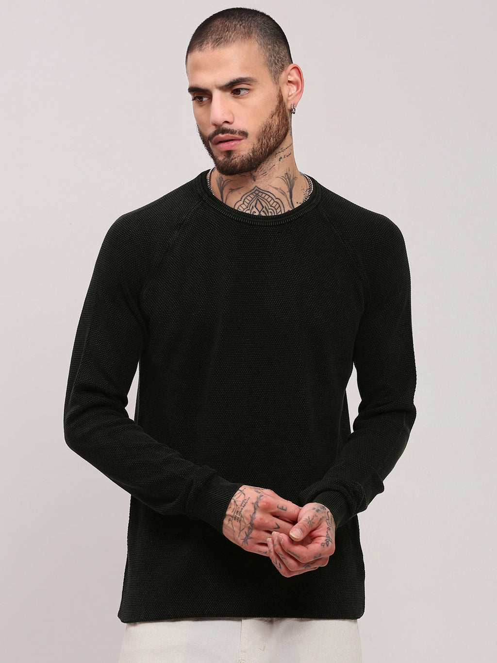 Men's Olive Round Neck Long Sleeves Casual Pullover
