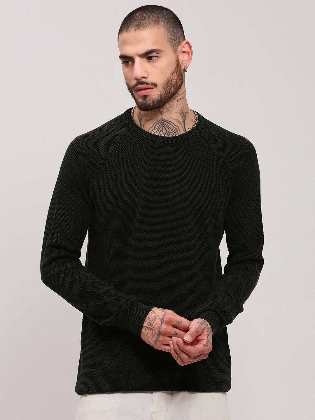 Men's Olive Round Neck Long Sleeves Casual Pullover