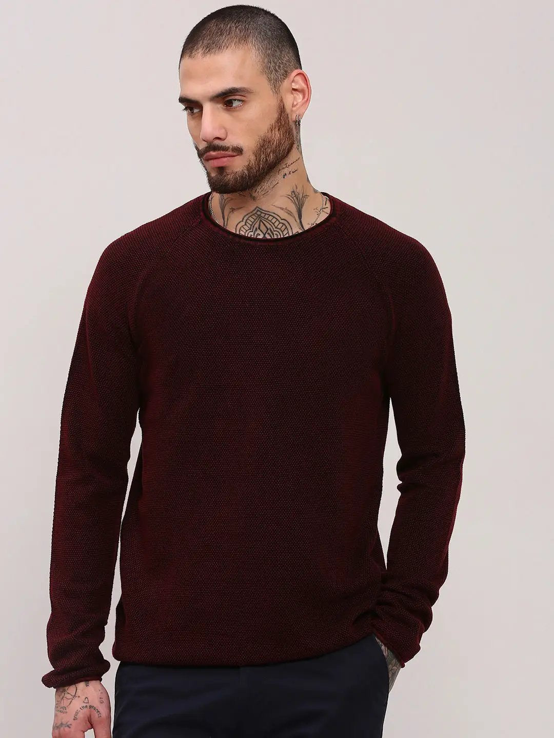 Men's Maroon Solid Cotton Sweater