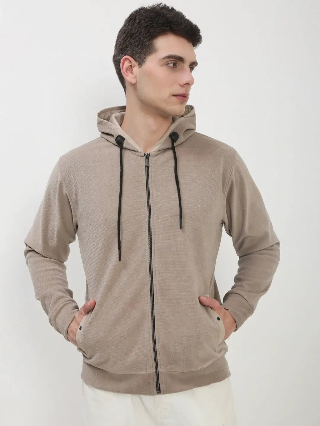 Men's Beige Solid Hooded Sweatshirt