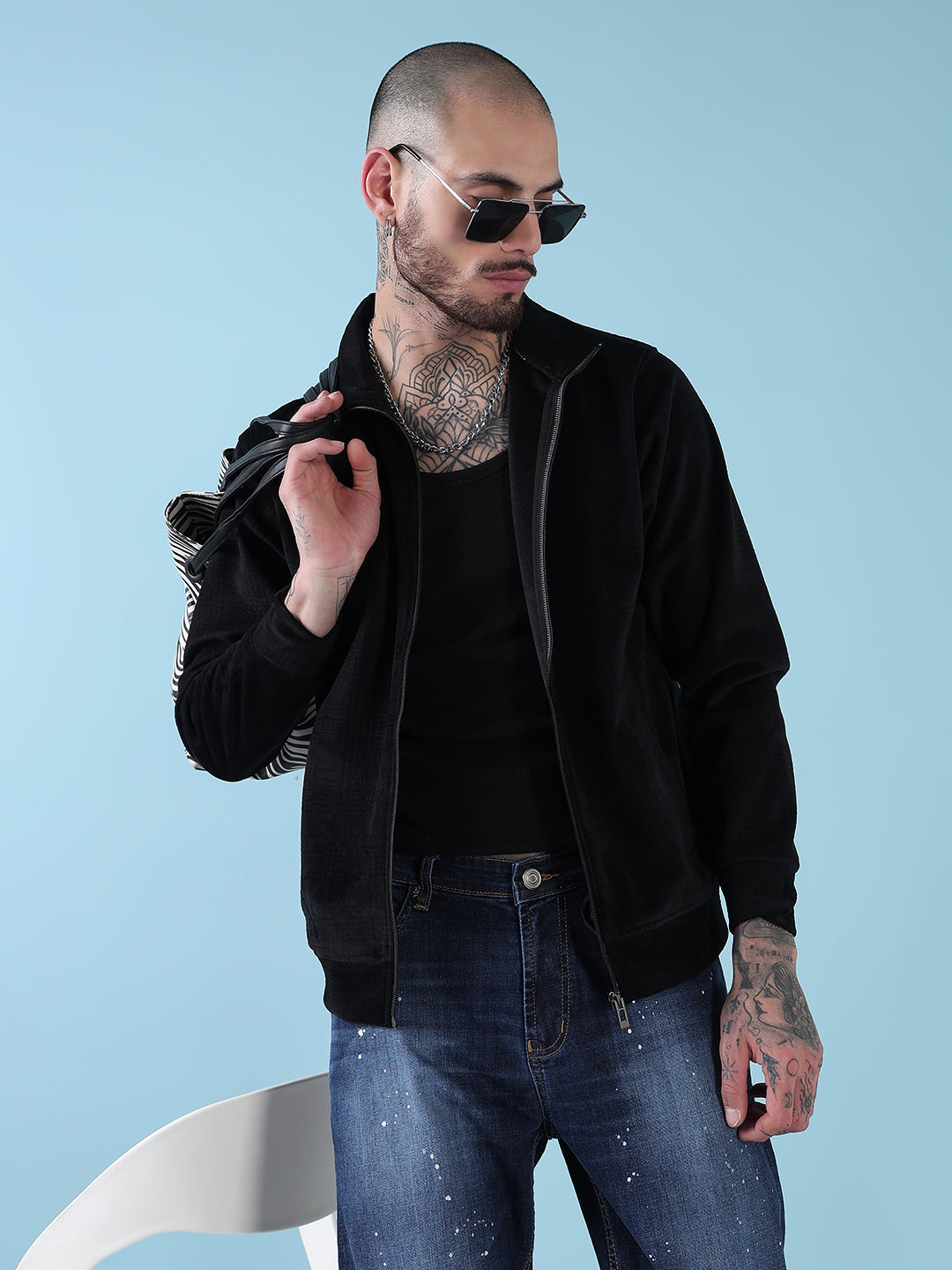 Men's Mock Collar Black Checked Sporty Jacket
