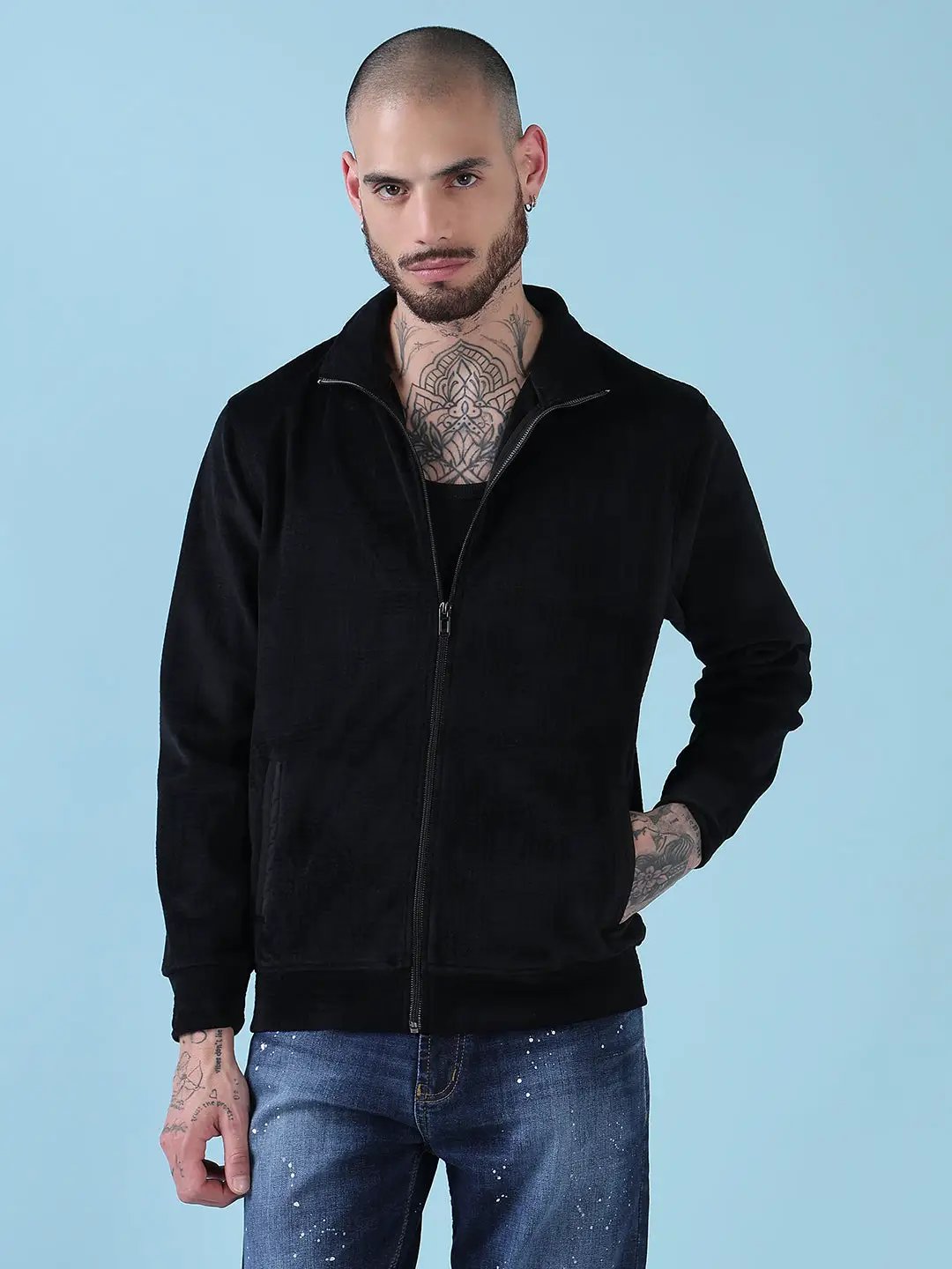Men's Mock Collar Black Checked Sporty Jacket