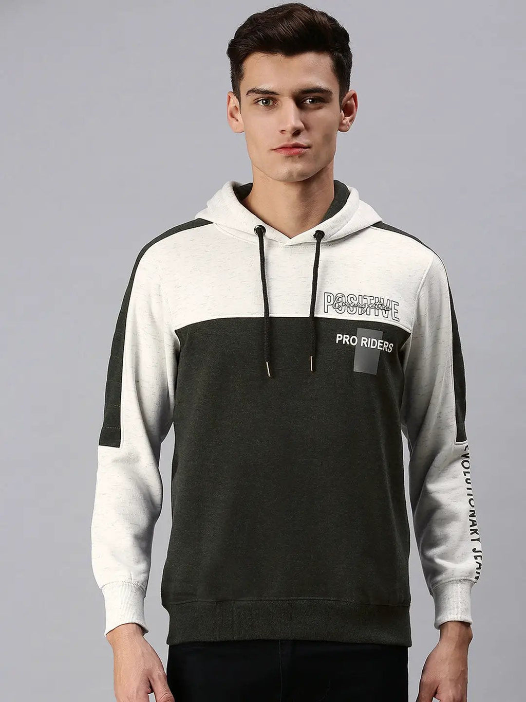 Men's Colourblocked White & Green Hoodie