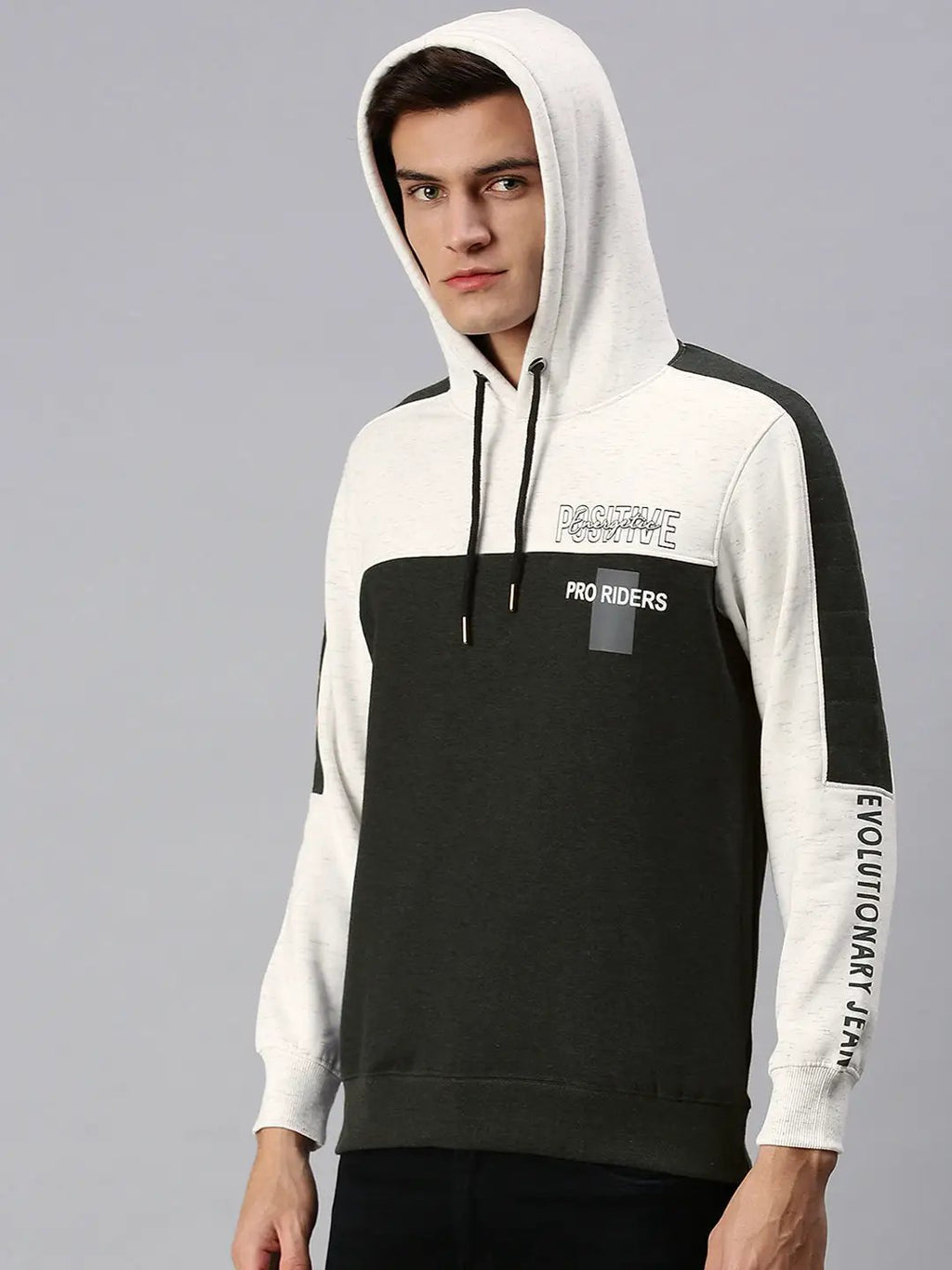 Men's Colourblocked White & Green Hoodie