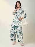 Women's Teal Floral Straight Kurta Set