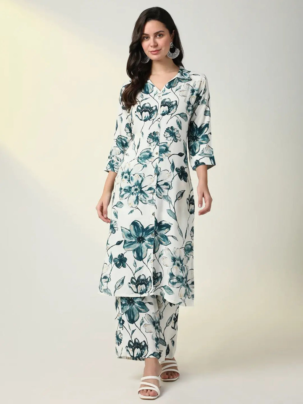 Women's Teal Floral Straight Kurta Set