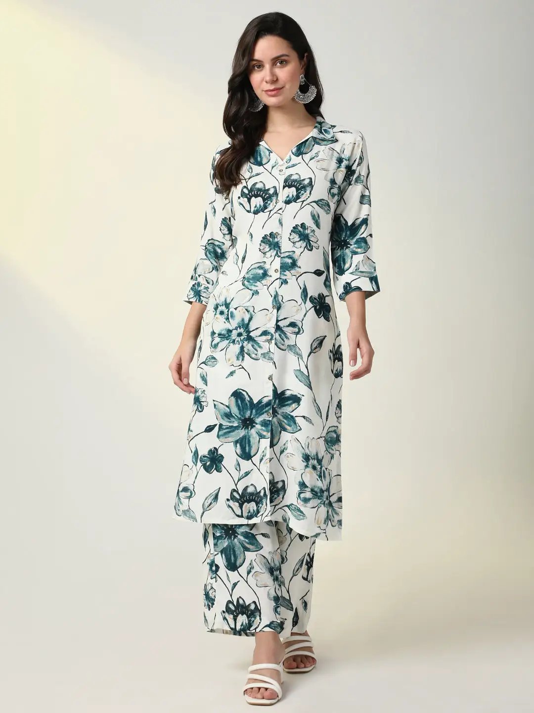 Women's Teal Floral Straight Kurta Set