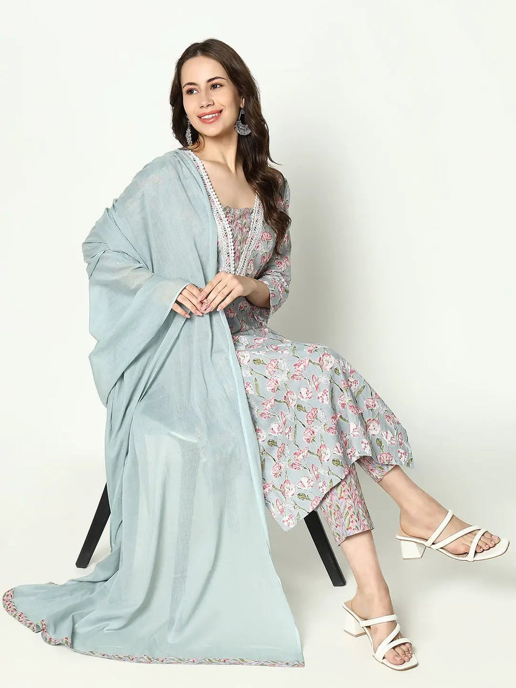 Women's Floral Sea Green Kurta Set with Dupatta