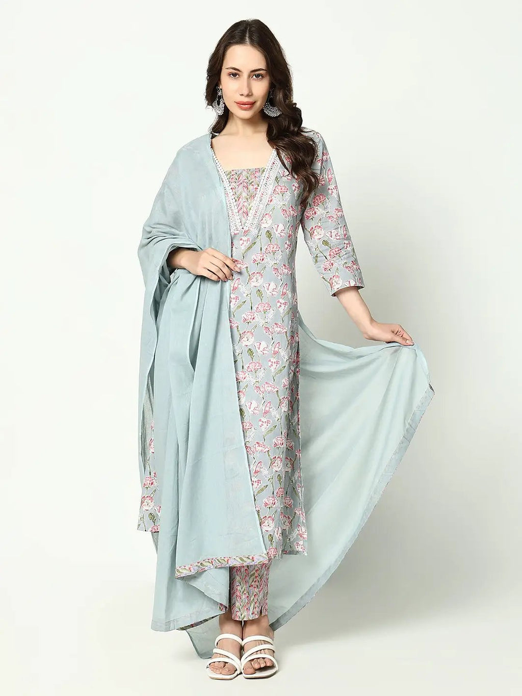 Women's Floral Sea Green Kurta Set with Dupatta
