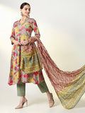 Women's Floral Green A Line Kurta Set with Dupatta