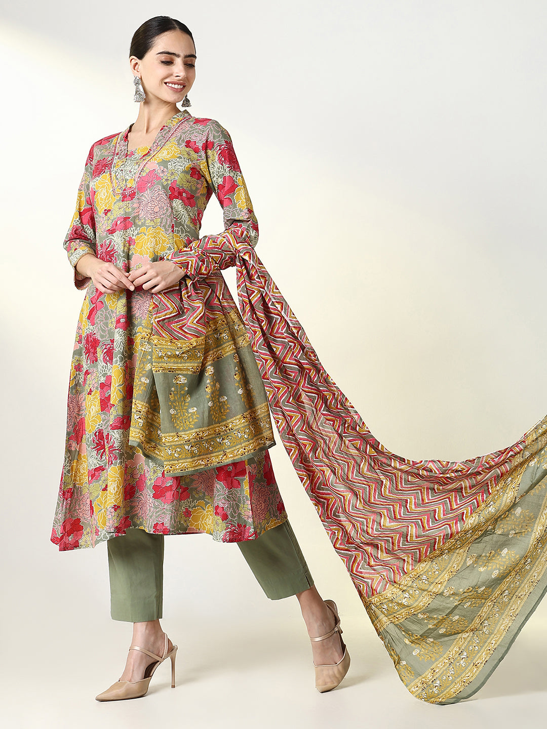 Women's Floral Green A Line Kurta Set with Dupatta