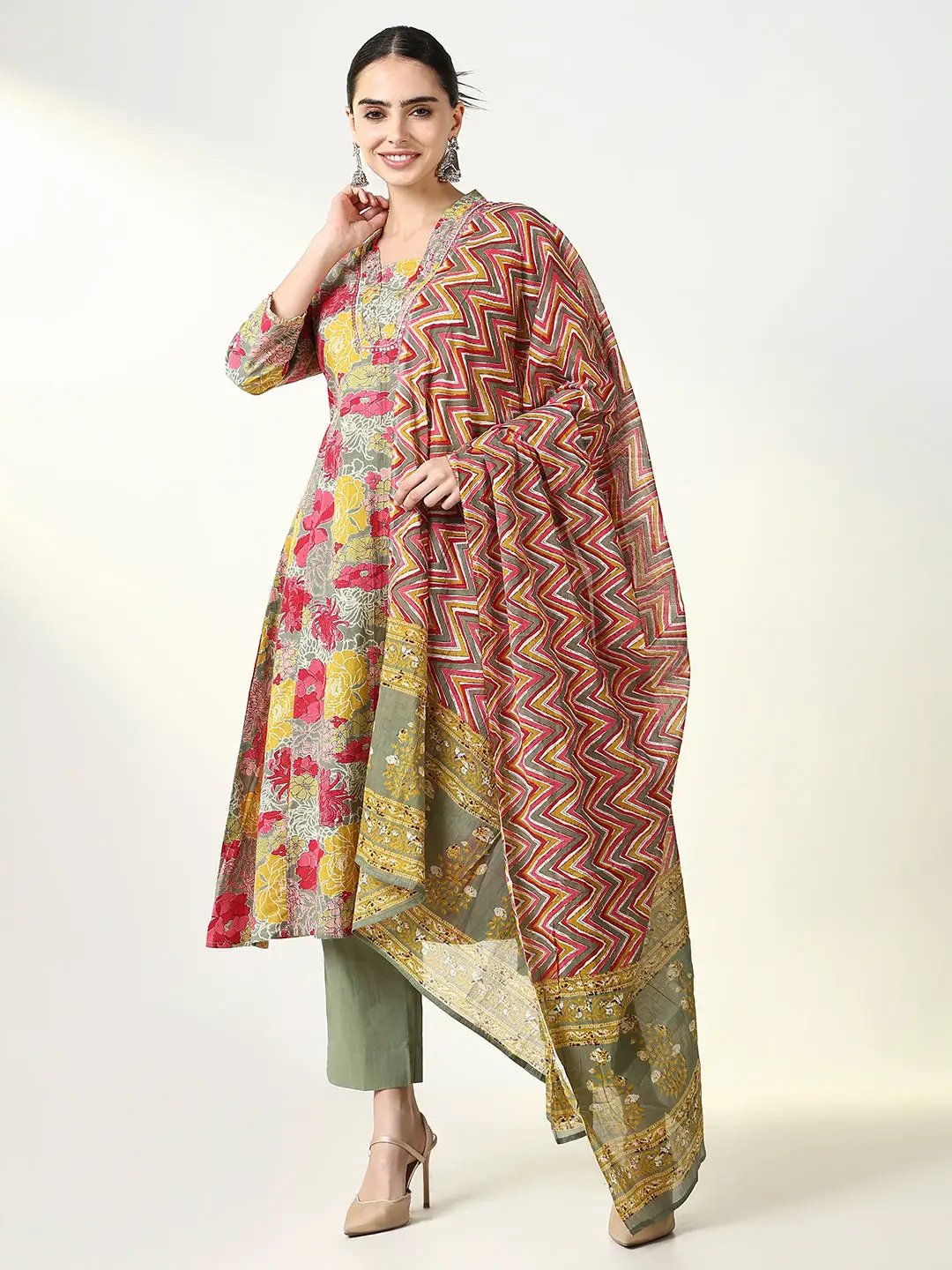 Women's Floral Green A Line Kurta Set with Dupatta