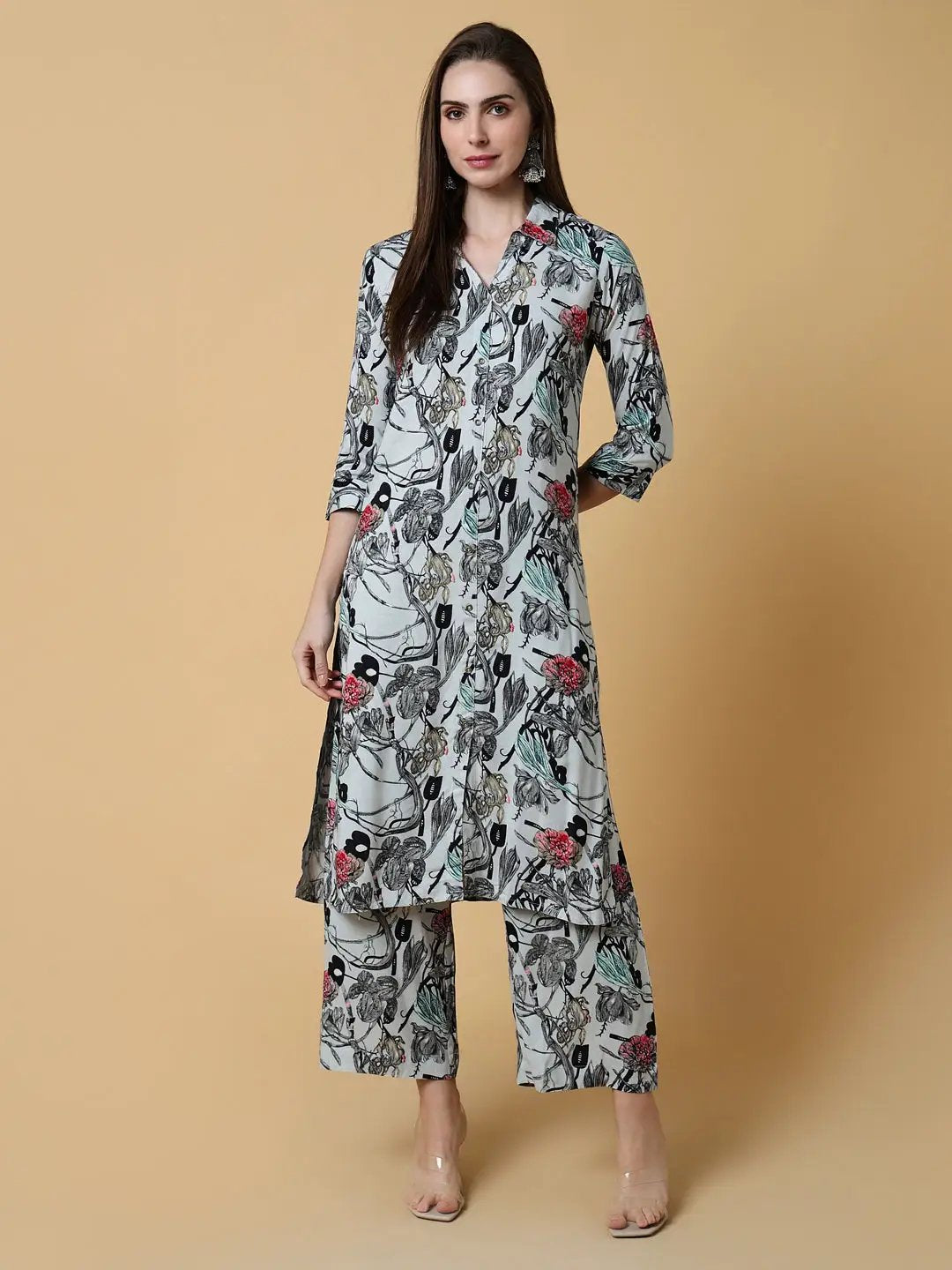 Women's Floral Ethnic Grey Straight Kurta Set