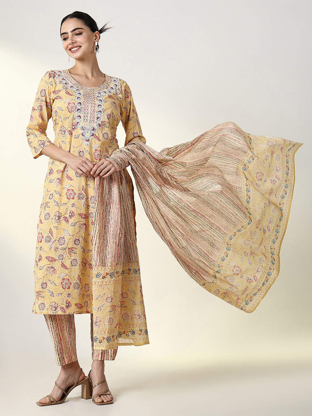Women's Floral Printed Yellow Straight Kurta Set with Dupatta