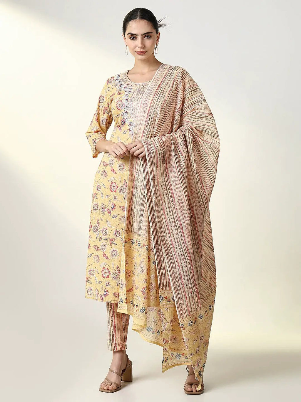 Women's Floral Printed Yellow Straight Kurta Set with Dupatta