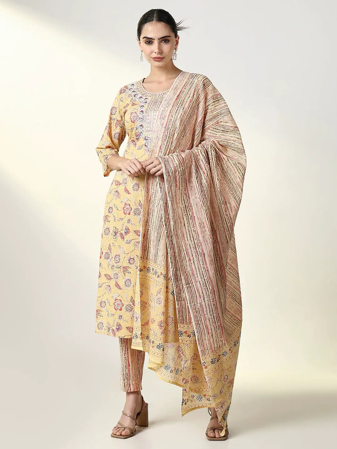 Women's Floral Printed Yellow Straight Kurta Set with Dupatta