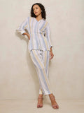 Women's Vertical Stripe White Shirt Style Co-ords Set