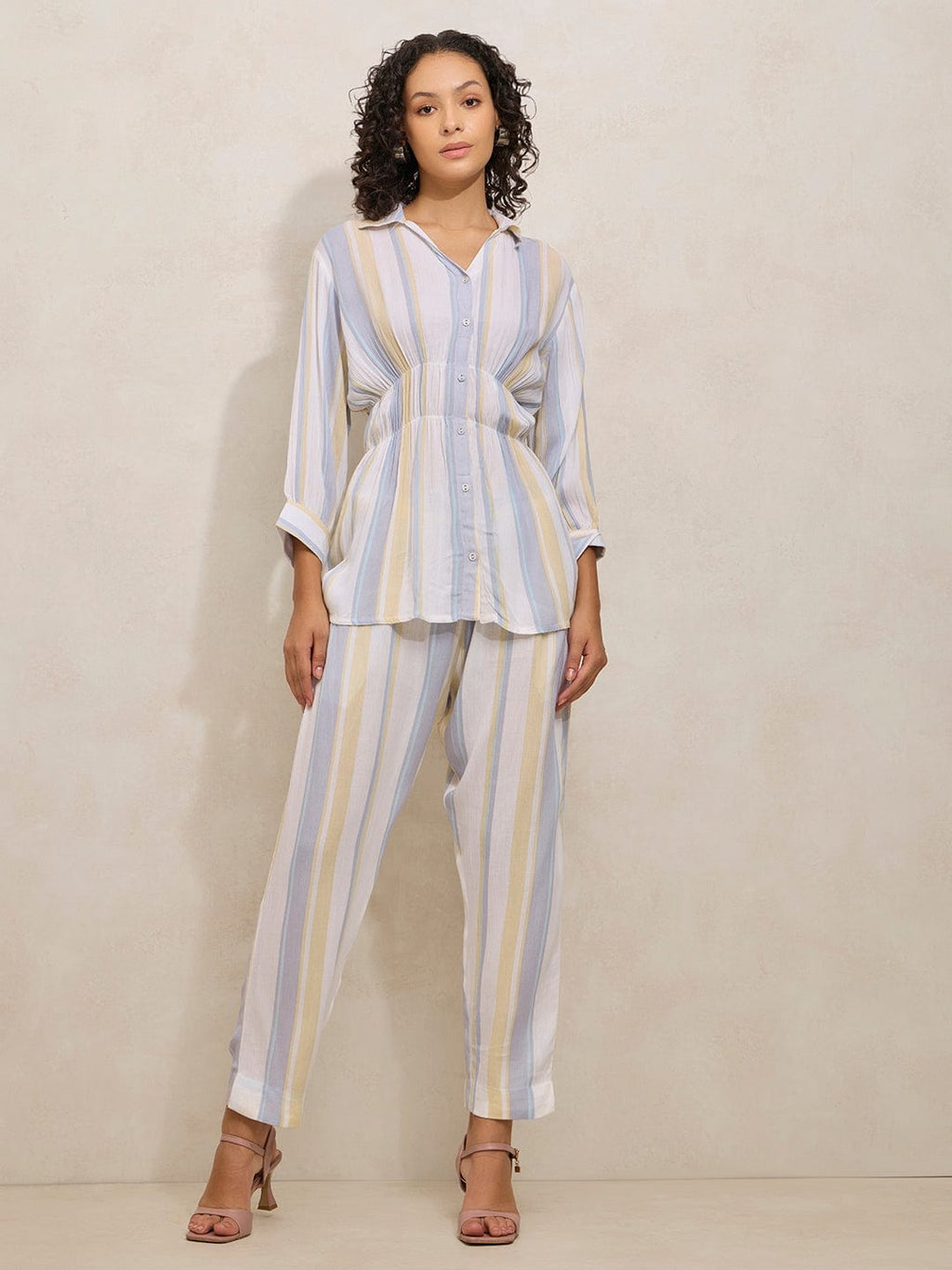 Women's Vertical Stripe White Shirt Style Co-ords Set