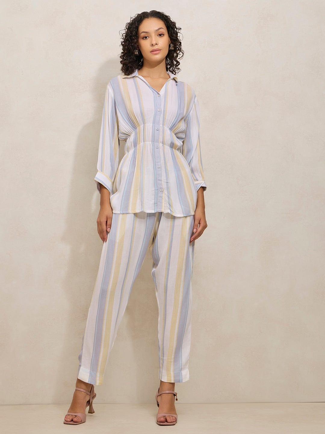 Women's Vertical Stripe White Shirt Style Co-ords Set