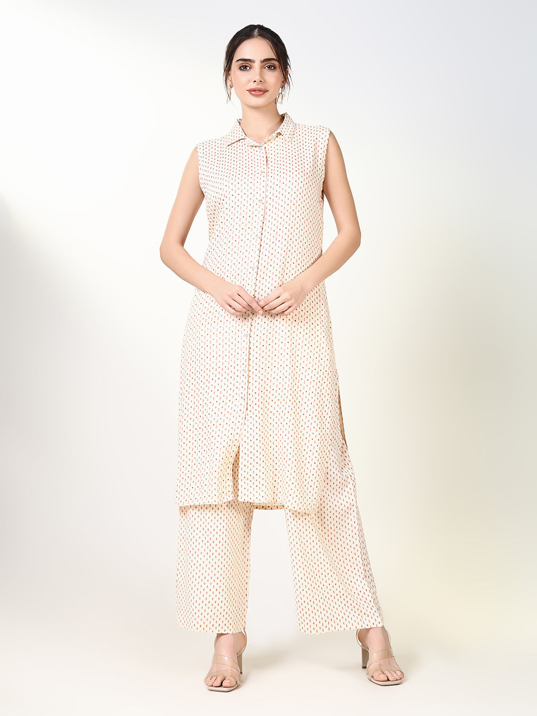 Women's Printed Cream A Line Kurta Set