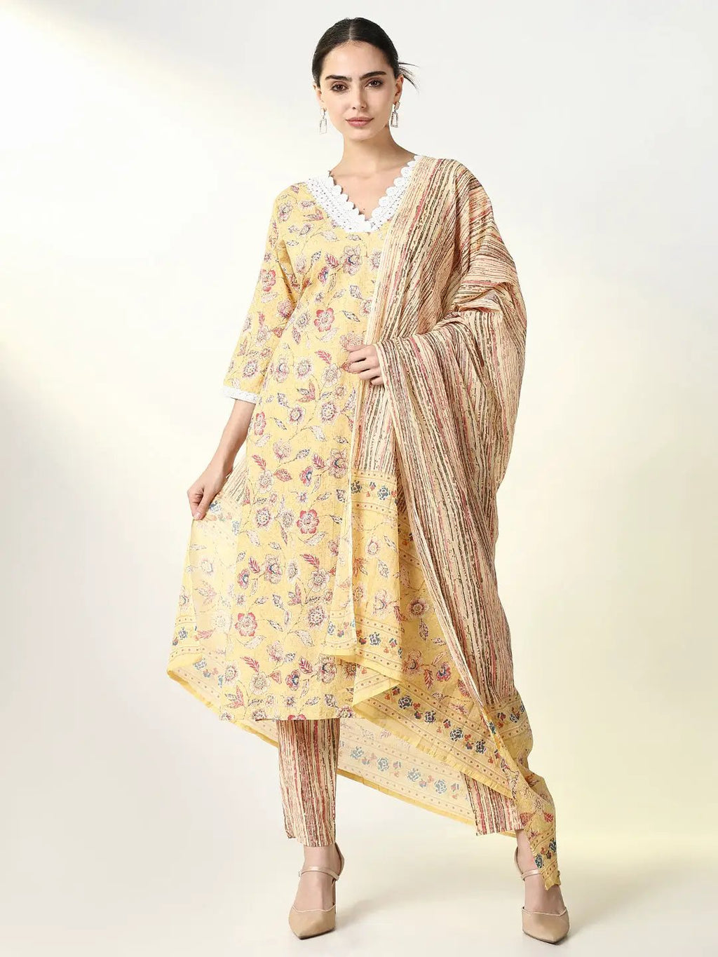 Women's Floral Ethnic Printed Yellow Straight Kurta Set with Dupatta