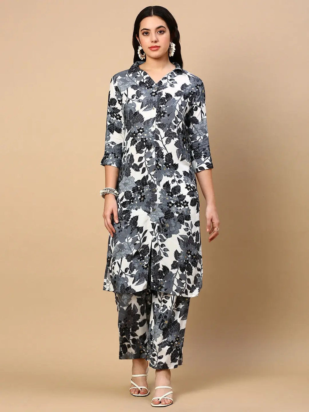 Women's Ethnic Floral Grey Straight Kurta Set