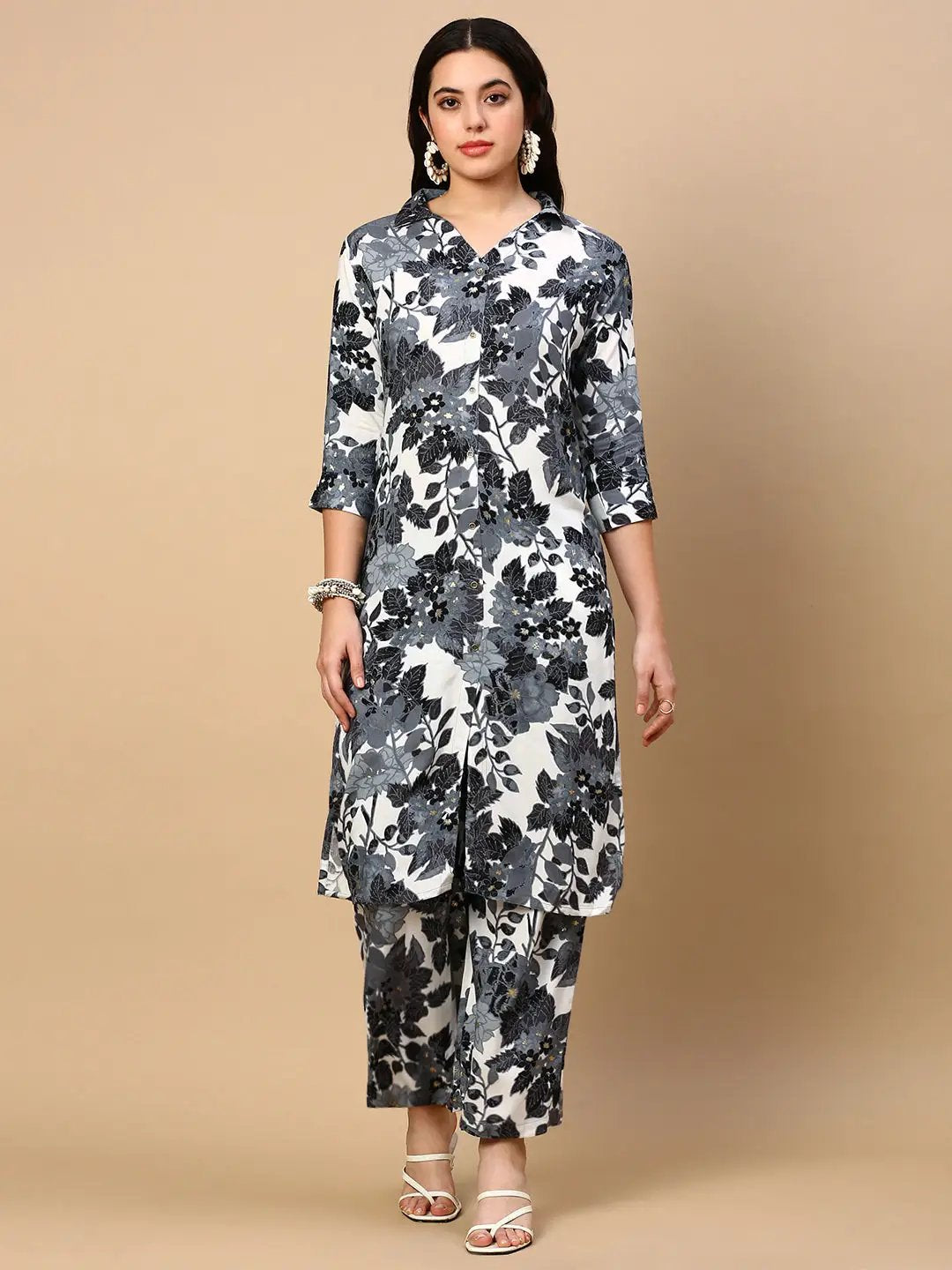Women's Ethnic Floral Grey Straight Kurta Set