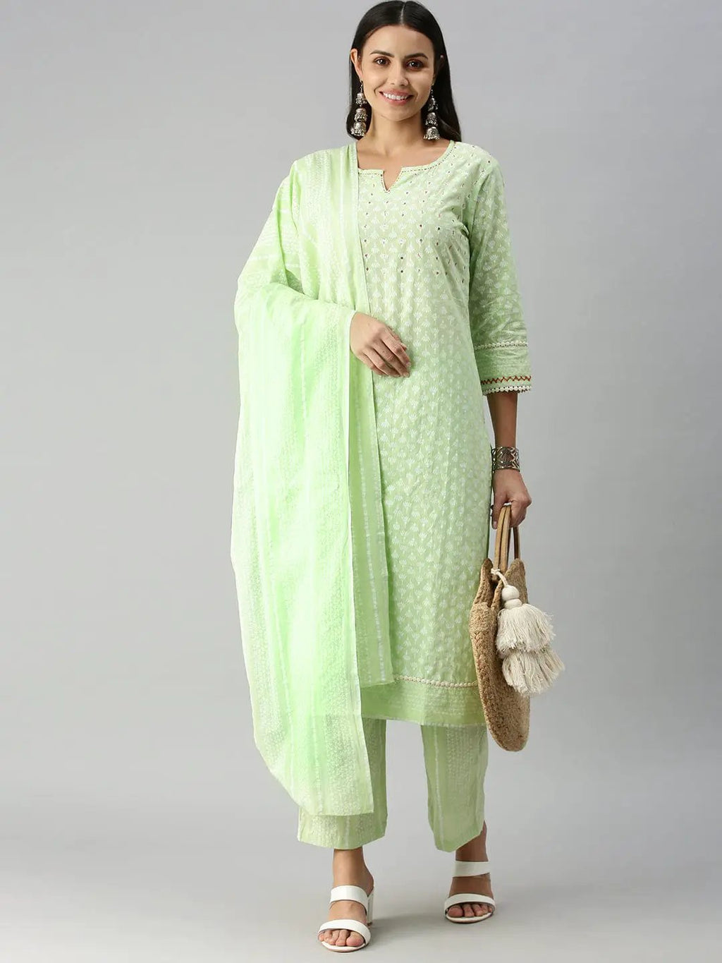 Women's Straight Green Printed Kurta Sets with Palazzos
