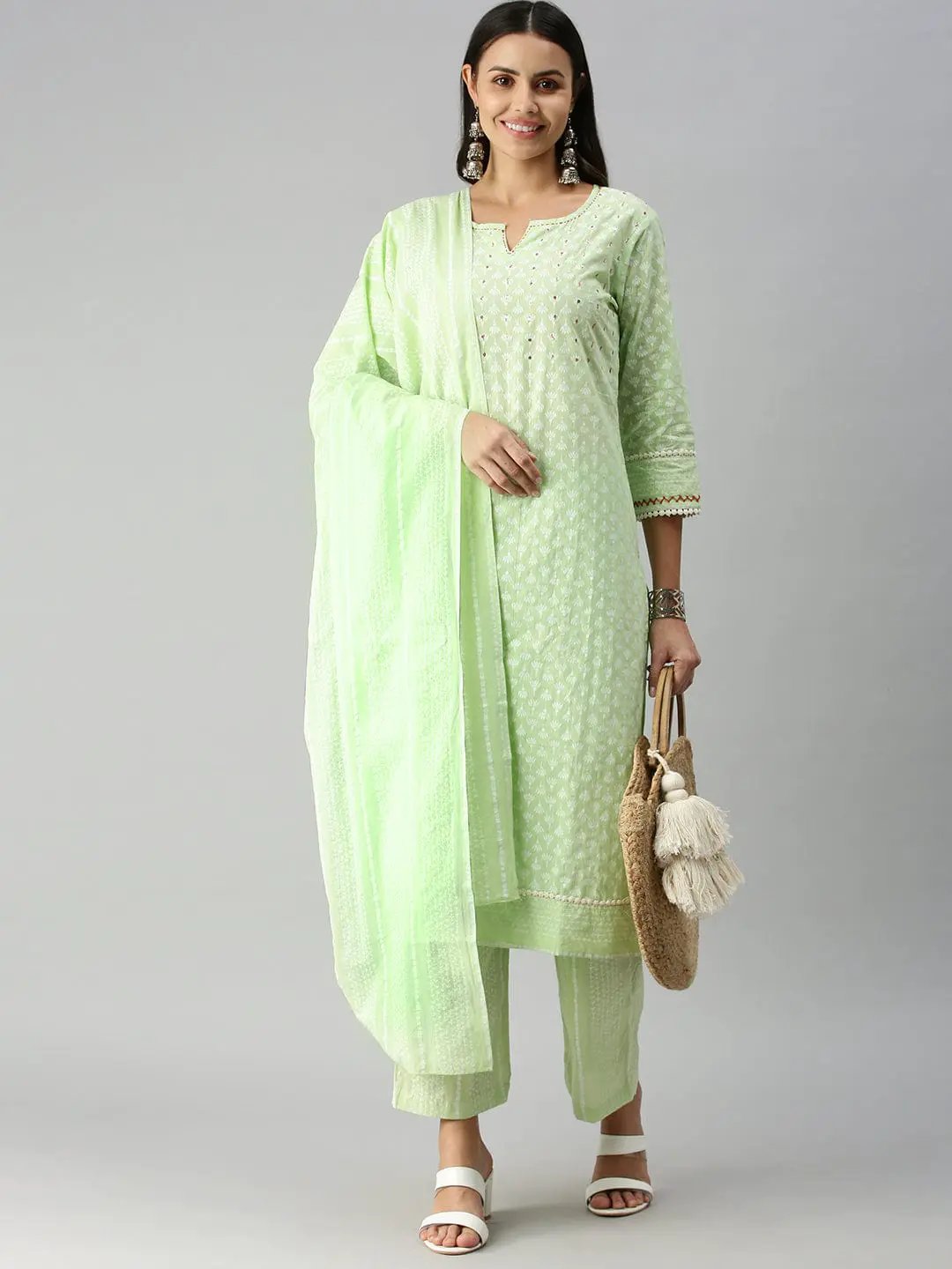 Women's Straight Green Printed Kurta Sets with Palazzos
