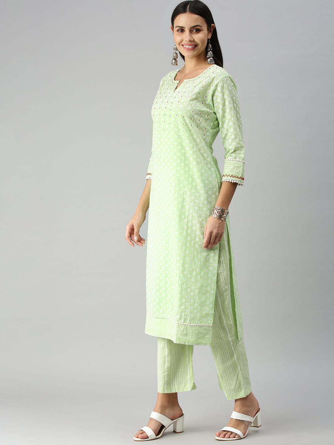 Women's Straight Green Printed Kurta Sets with Palazzos