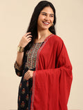 Women's Navy Blue Floral Printed Thread Work Kurta Set With Dupatta