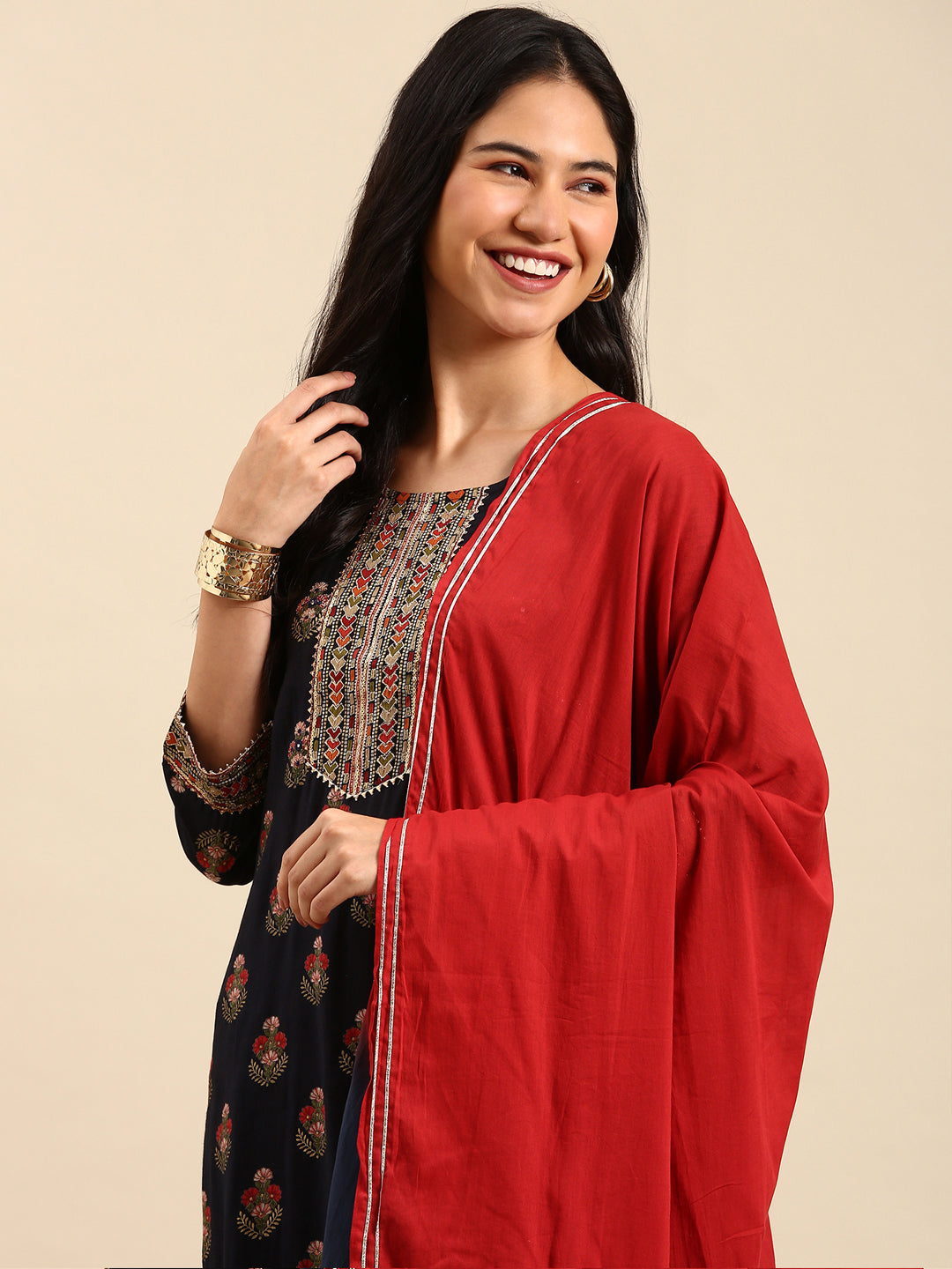 Women's Navy Blue Floral Printed Thread Work Kurta Set With Dupatta