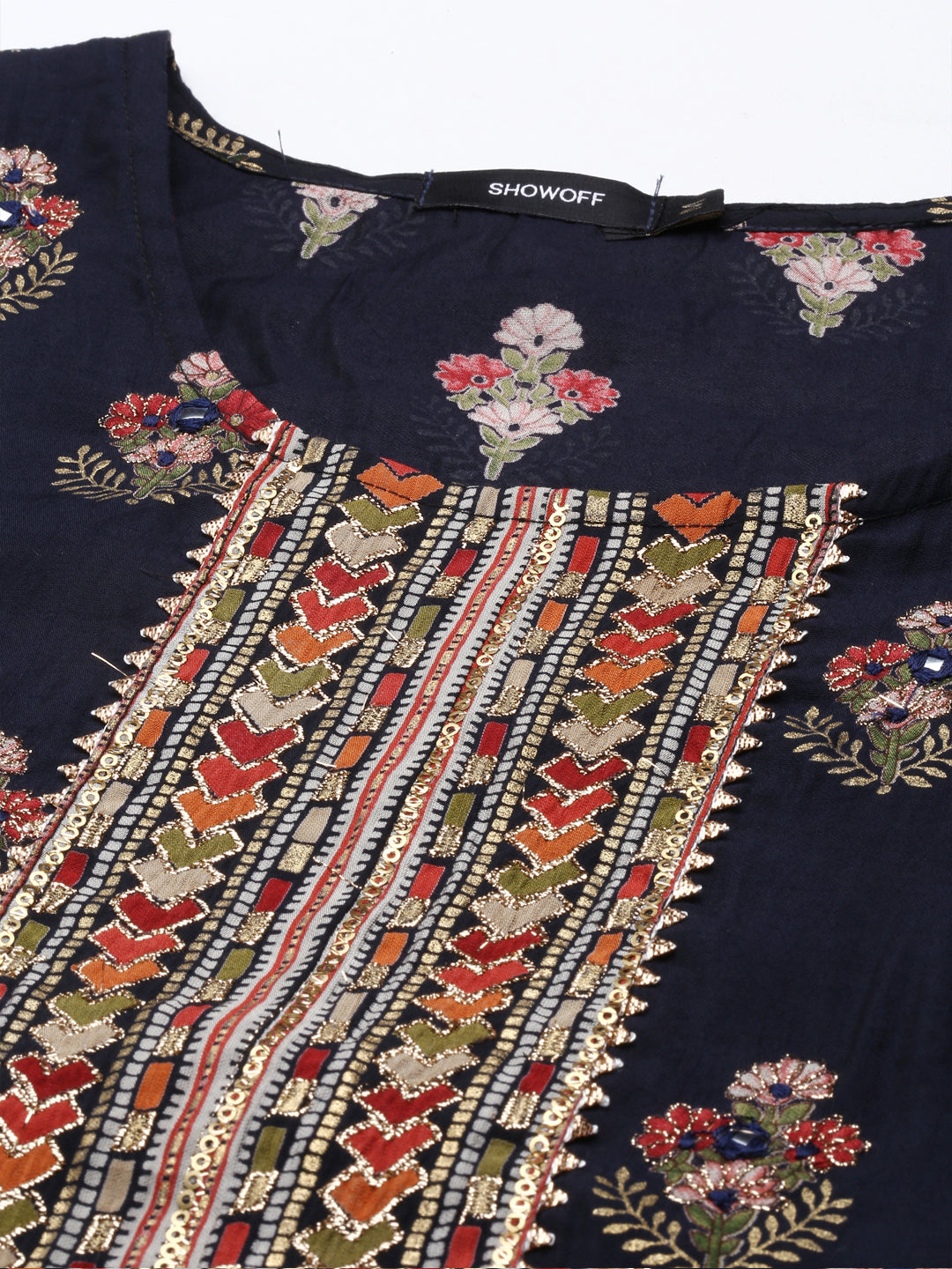 Women's Navy Blue Floral Printed Thread Work Kurta Set With Dupatta
