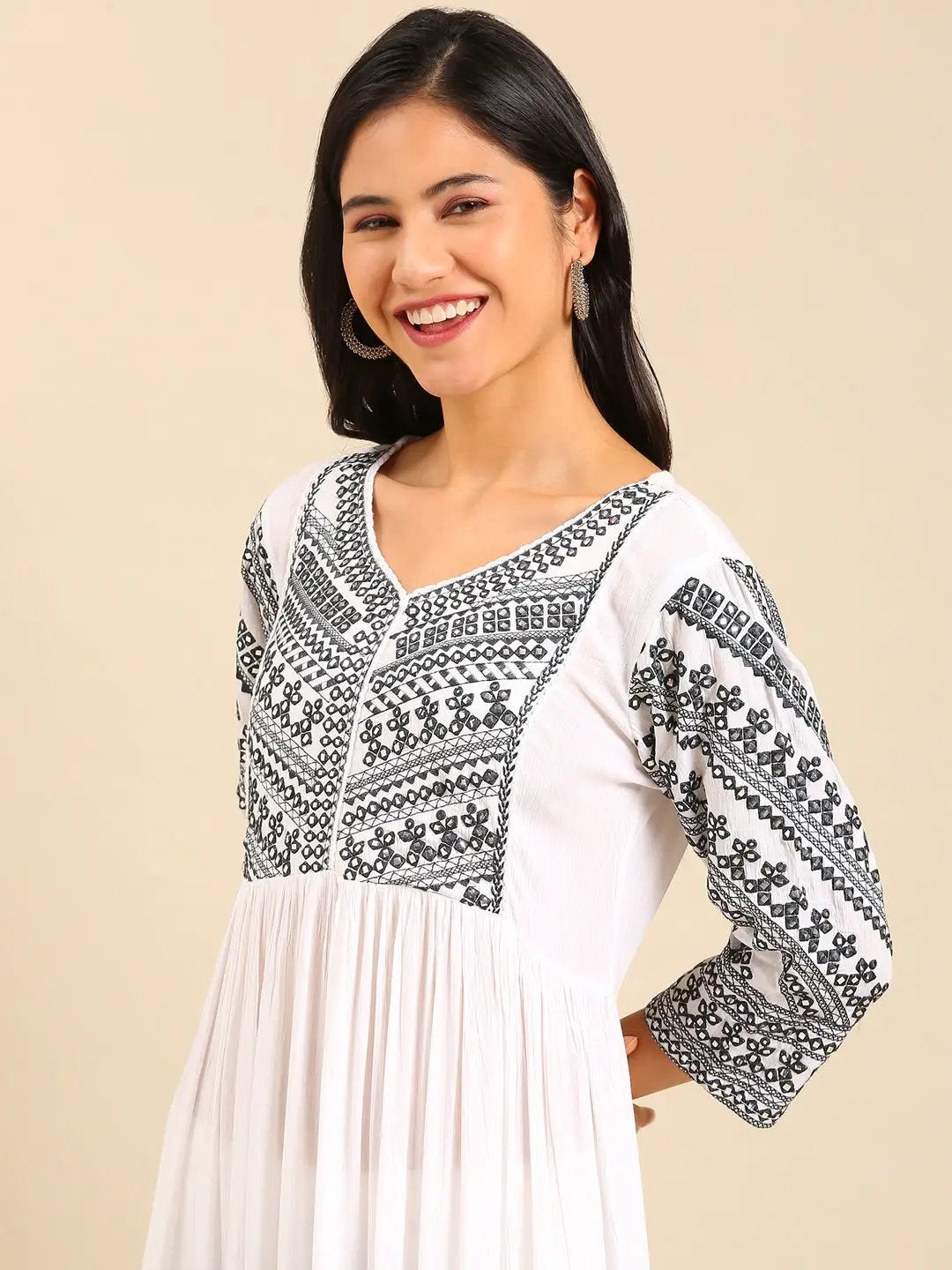Women's White Embellished Mirror Work Anarkali Kurta