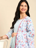 Women's Blue Floral Printed Gotta Patti Kurta Set with Dupatta
