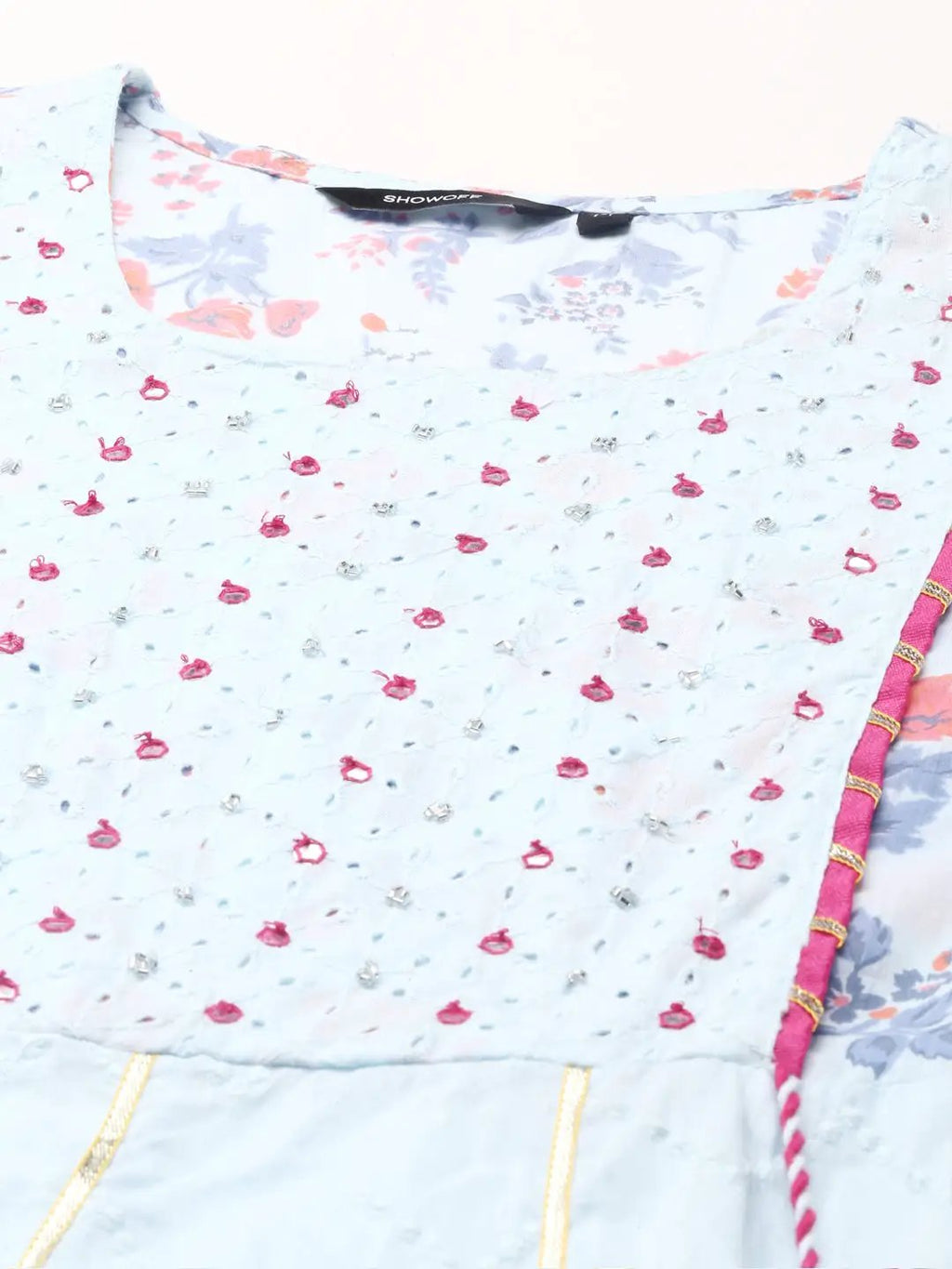 Women's Blue Floral Printed Gotta Patti Kurta Set with Dupatta