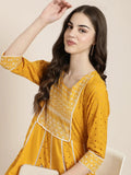 Women's Mustard Self Design Thread Work Kurta Set
